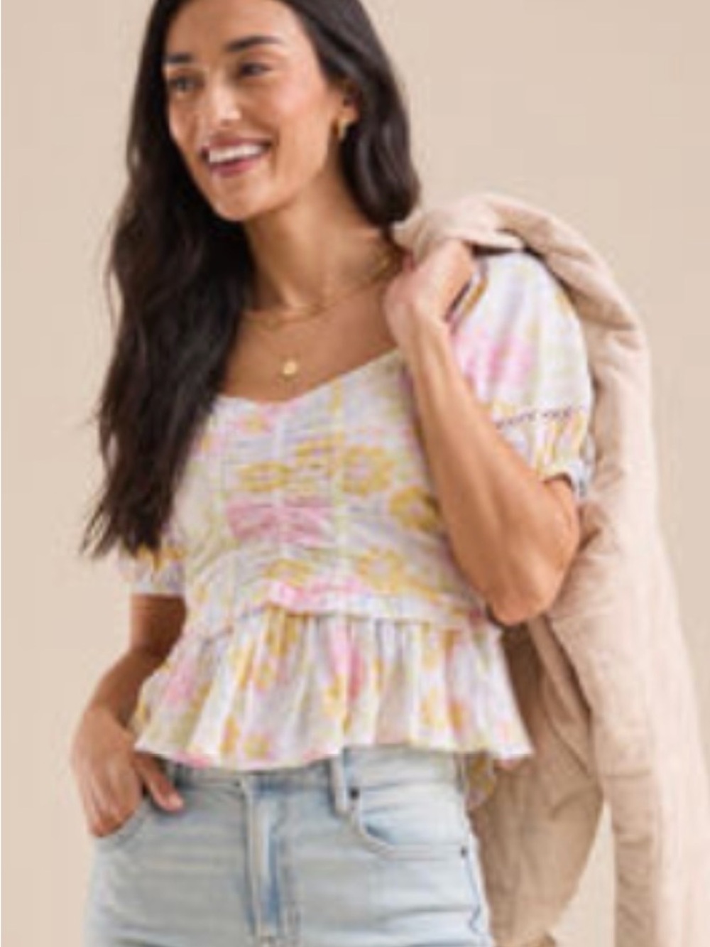 Altar'd State Monica Pink & Yellow Floral Babydoll Top